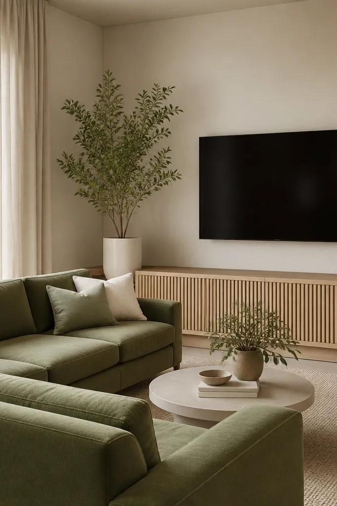 A moss green L shape sofa facing a wall with a light wood slat media console. The cushions are cream and pale green. A flat screen TV sits above the console. There's a tall plant in a white pot and two ceramic vases in muted sand tones on the console.