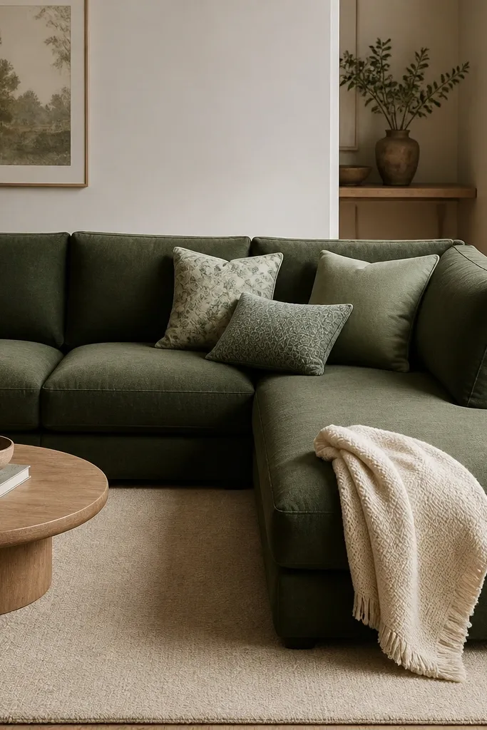 A deep green L shape sofa with pillows in different green shades. One pillow is a subtle leaf pattern, one is a solid sage, and one has a small geometric in mint and charcoal. The throw is a cream knit. The rug is oatmeal with a low pile.