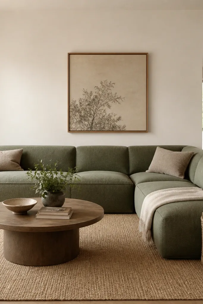 A sage green L shape sofa with minimal cushions. The walls are warm white. A textured jute rug covers the front seating area with a natural beige tone. A simple round coffee table sits in the center, and a woven basket is tucked near the chaise.