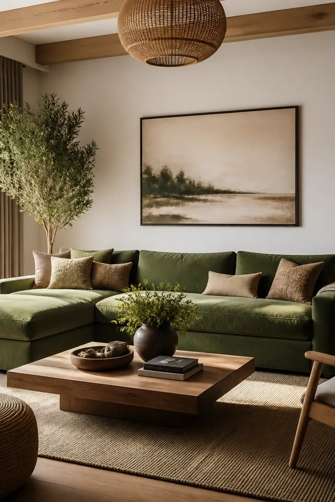 Green l shape sofa living room decor ideas