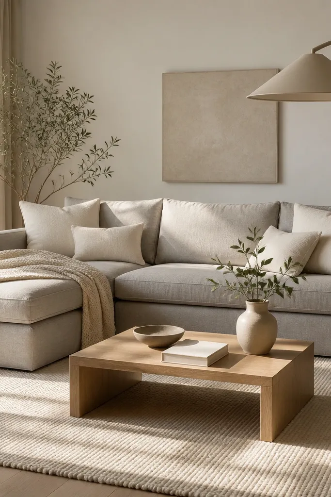 A grey L shape sofa with a chaise on the left, dressed with cream linen cushions and a cream knit throw. A warm white rug covers the floor, with a light oak coffee table and a beige floor lamp.