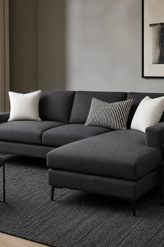 A deep charcoal grey sectional with thin black legs. Black metal side tables sit beside the chaise. A dark grey textured rug anchors the seating, with two white cushions and one black-and-white patterned pillow.