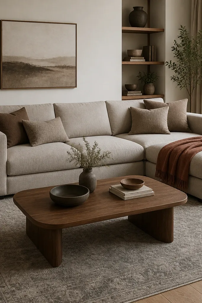 A greige L shape sofa with a chaise, styled with taupe cushions and a muted terracotta throw. A walnut coffee table with rounded edges sits on a medium grey patterned rug.