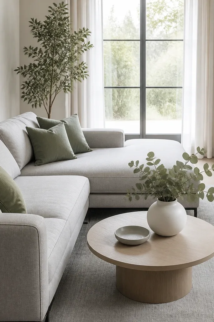 A light grey sectional with a chaise is paired with sage green cushions. There's a pale grey rug, a white vase with eucalyptus, and a simple white media console.