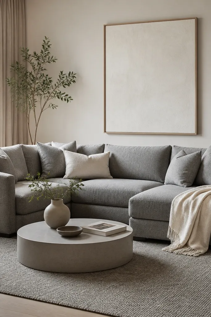 A grey L sectional with matching grey cushions, plus one off-white cushion and a cream throw. The rug is grey with a subtle weave. Wall art is a single large off-white framed print.