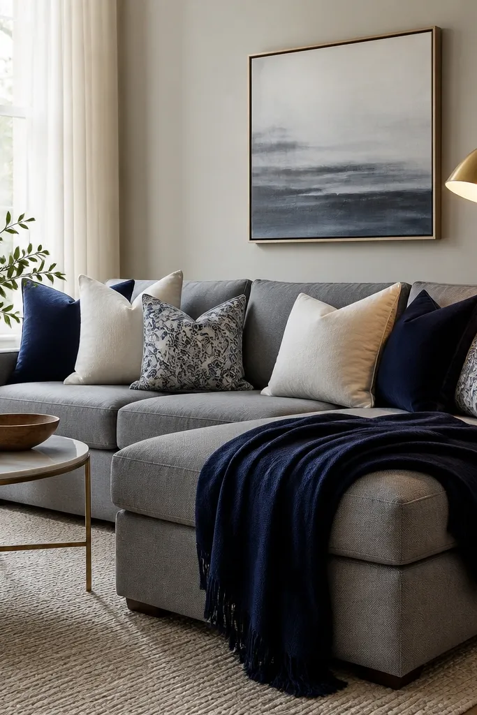 A medium grey sectional with a navy throw blanket draped over the chaise. Navy and white pillows sit along the back. A brass floor lamp glows beside the sofa.