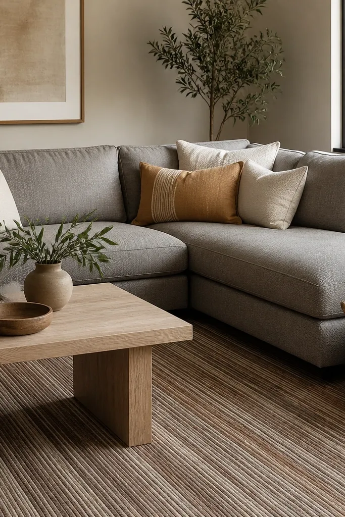 A grey L shape sofa with tan and cream cushions. A low pile kilim-style rug with thin stripes covers the floor. A light wood coffee table and a woven basket sit near the chaise.