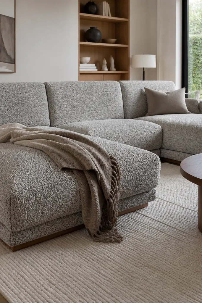 A light grey sofa with boucle-style off-white cushions and a taupe throw. The coffee table is white with rounded corners. A small round ottoman matches the cushion fabric.
