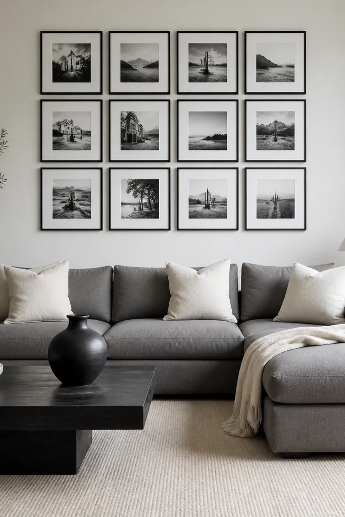 Grey sectional with a chaise. Black frames hold a tight grid of black-and-white photos on the wall above the sofa. White cushions and a single black vase sit on the coffee table.
