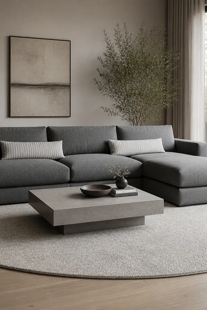 A grey sectional anchored by a large round rug in light grey. A low rectangular coffee table sits centered. There are two long, thin cushions in grey and white.