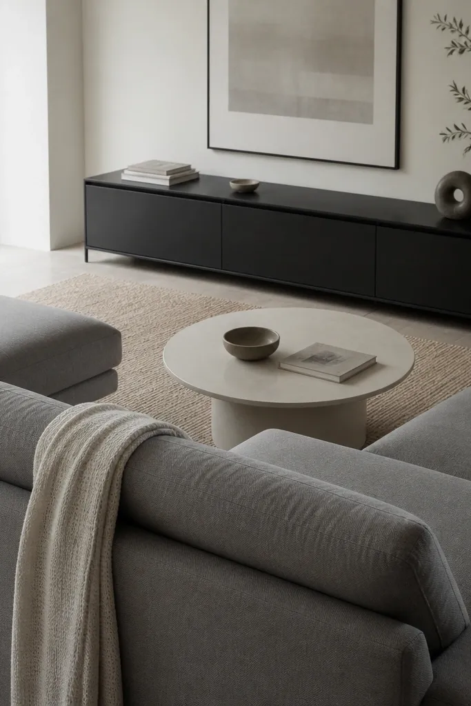 Grey sectional with chaise. A matte black media console sits against the wall, with a few neutral books and a small sculptural object. A single textured throw in light oatmeal is draped over the back cushion.