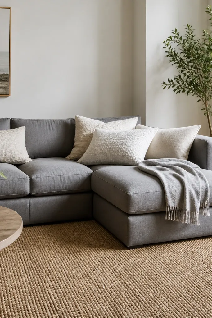A grey L shape sofa with warm white cushions and a light grey throw. A natural jute rug covers the floor with visible fibers. A woven basket and a tall plant sit near the chaise.