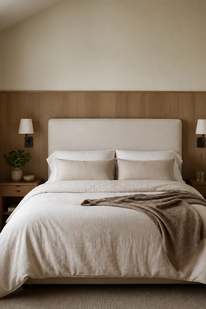 A small bedroom with a half wood panel wall behind the bed: light warm oak boards, matte finish, panels stop at about 40 inches. The upper wall is warm ivory, and a simple upholstered headboard sits centered on the wood.