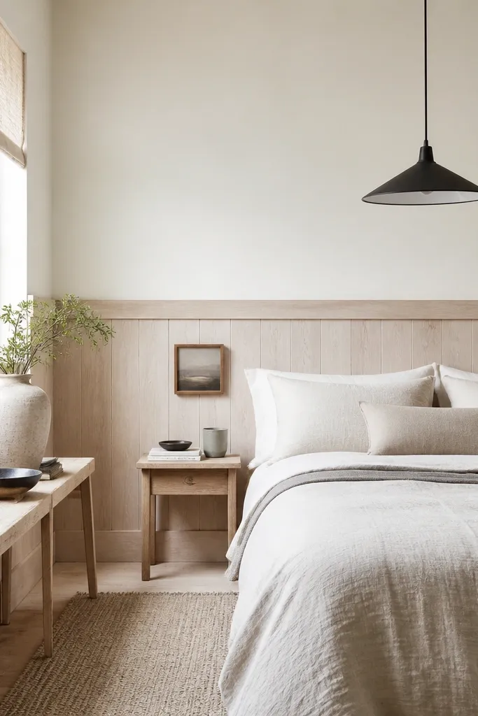 A compact bedroom with whitewashed oak half wood panel walls, the wood is pale and airy. The top half is creamy white, with a light linen duvet and a black metal pendant above the bed.