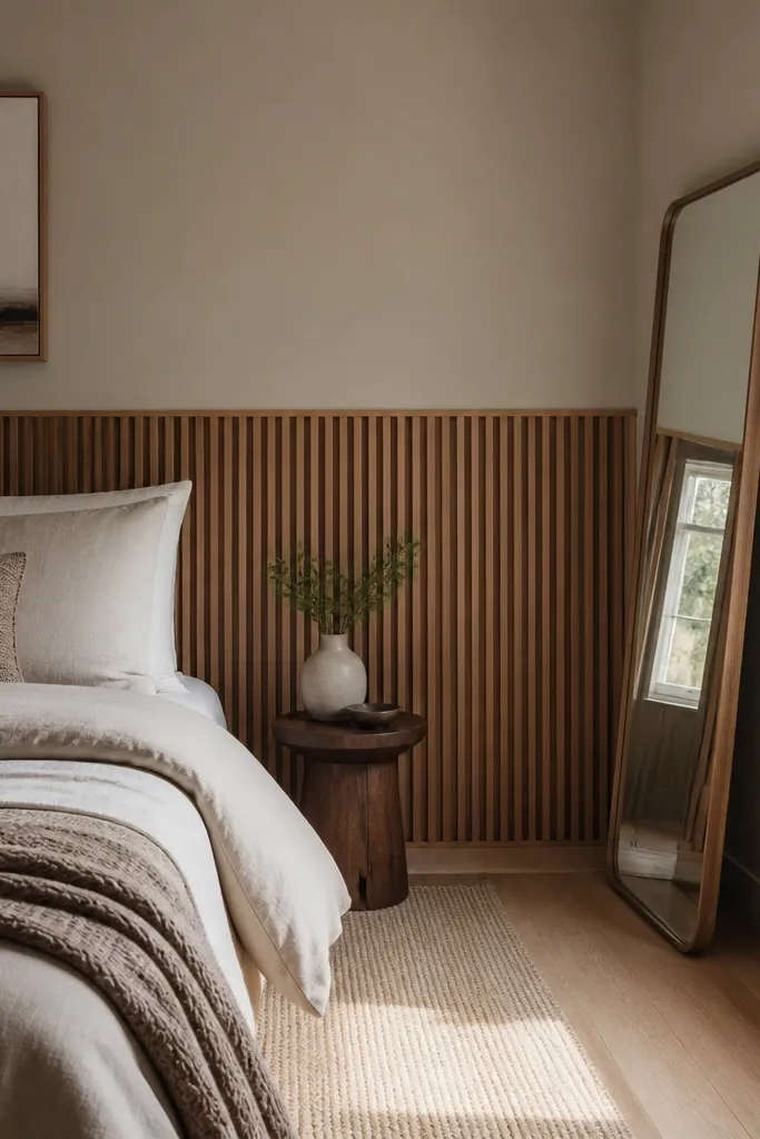 A narrow bedroom with vertical wood slats forming a half wall. The slats are medium oak, evenly spaced, and the top half is soft greige. A tall mirror leans near the wall.