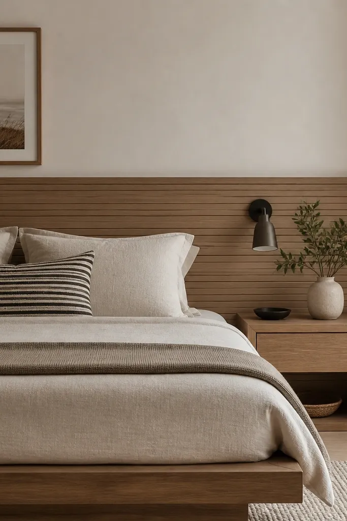 A small bedroom wall with horizontal wood channel panels at half height. The wood is light walnut with a matte finish; the upper wall is warm off-white. A low platform bed sits in front with a striped throw pillow.
