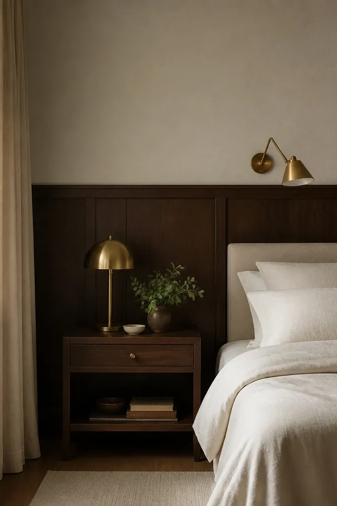A cozy small bedroom with dark walnut half panel walls. The wood is deep brown, matte, with clean panel seams. The top half is light linen beige, and the bed has pale linen bedding and brass accents.