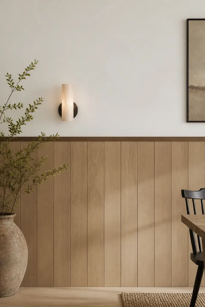 A half wood panel wall where the wood section is pale oak and the top edge has a thin darker wood trim strip. The upper wall is soft white, with a simple wall sconce at the seam.