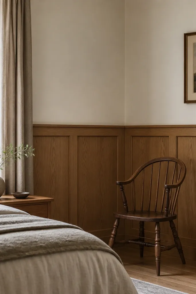 A bedroom wall with half-height shaker panels: flat wood frames with inset squares. The wood is medium oak, and the top half is warm white. A classic spindle chair sits near the corner.
