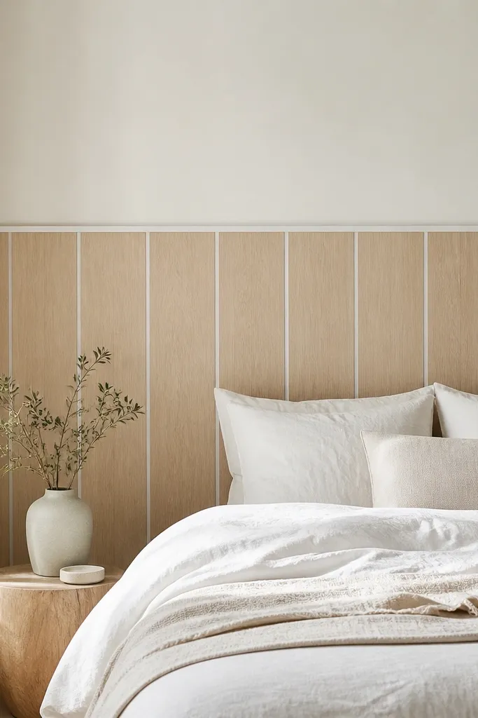 A half wood panel wall with pale oak boards separated by thin white trim lines. The upper wall is soft off-white, and a bed with a white duvet sits against it.