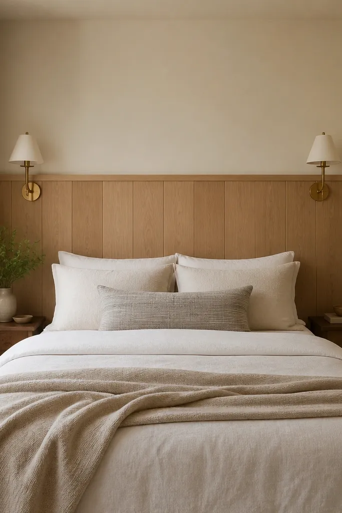 A small bedroom with a half wood panel wall behind the bed, and two matching sconces mounted on the wood near the top edge. The wood is light oak, the upper wall is eggshell cream.