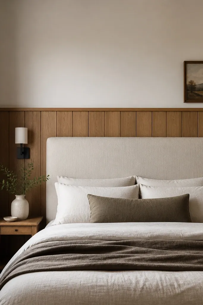 A compact bedroom showing half wood panel walls at the back of the bed. The headboard is oversized light linen, and the wood is medium oak with clean vertical boards. The top wall is soft white.