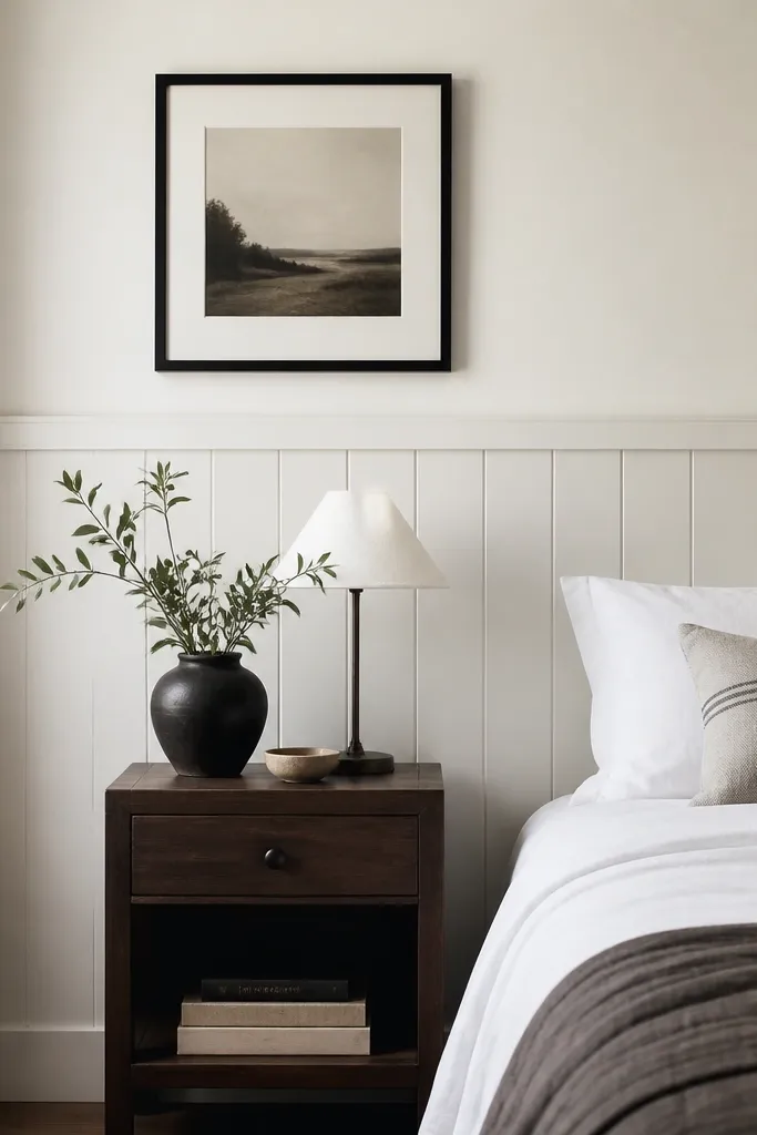 Half wood panel walls painted white, with visible board lines. The top half is also white but slightly warmer, creating a gentle tonal difference. A dark wood nightstand and black framed art sit above.