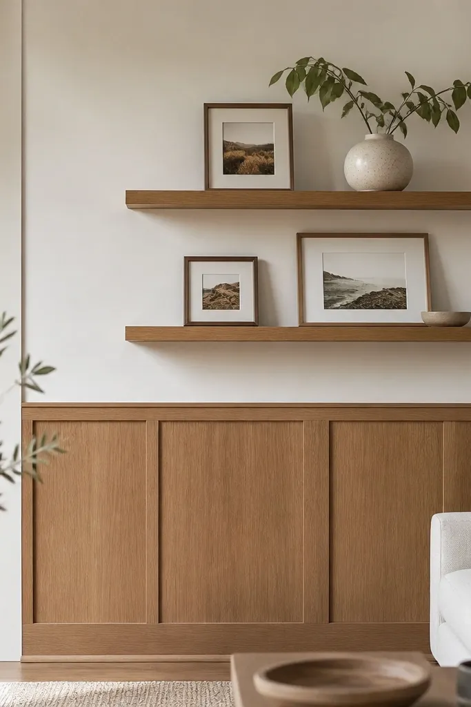 A half oak panel wall with two floating shelves mounted on the wood section. The upper wall is warm white. Small framed photos and a ceramic vase sit on the shelves.