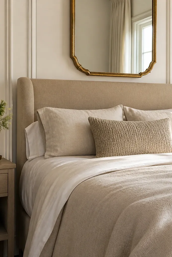 White paneled wall bed area with soft beige bedding, gold lamps, and a light rug