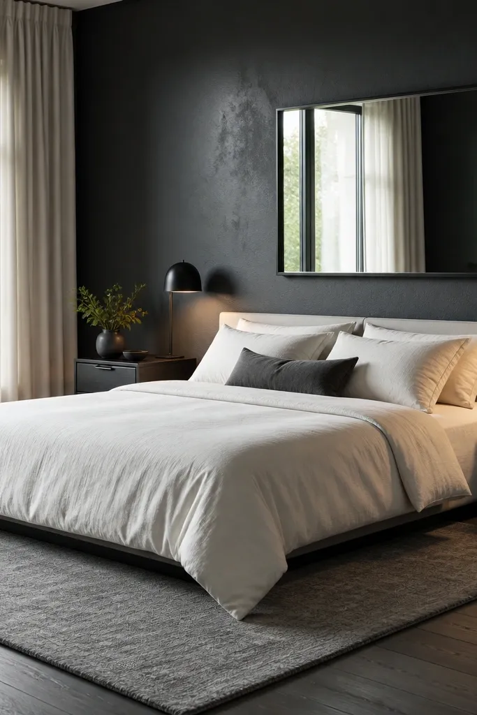 Charcoal accent wall bed with off-white bedding, black metal lamps, and a gray rug