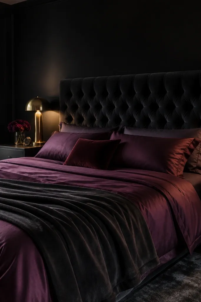 Black headboard wall, deep plum velvet bedding, gold trim lamps, and a dark rug