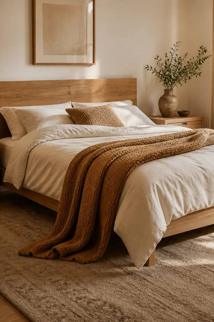 Light oak bedroom with camel throw blanket, off-white bedding, and simple wood nightstands