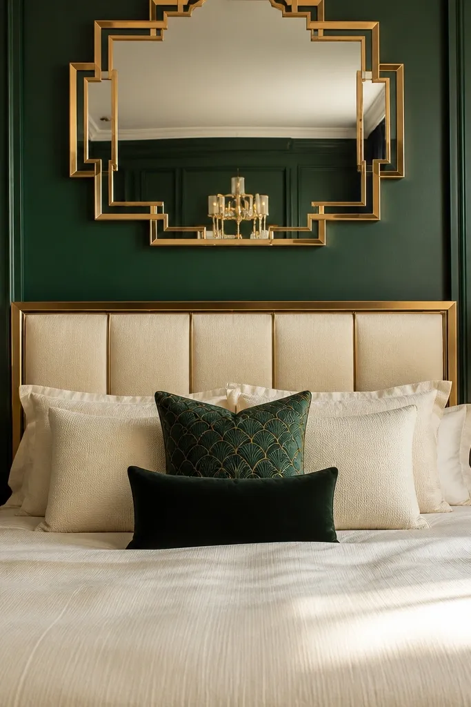 Emerald wall accents with brass lamps, patterned rug, and a gold-framed mirror