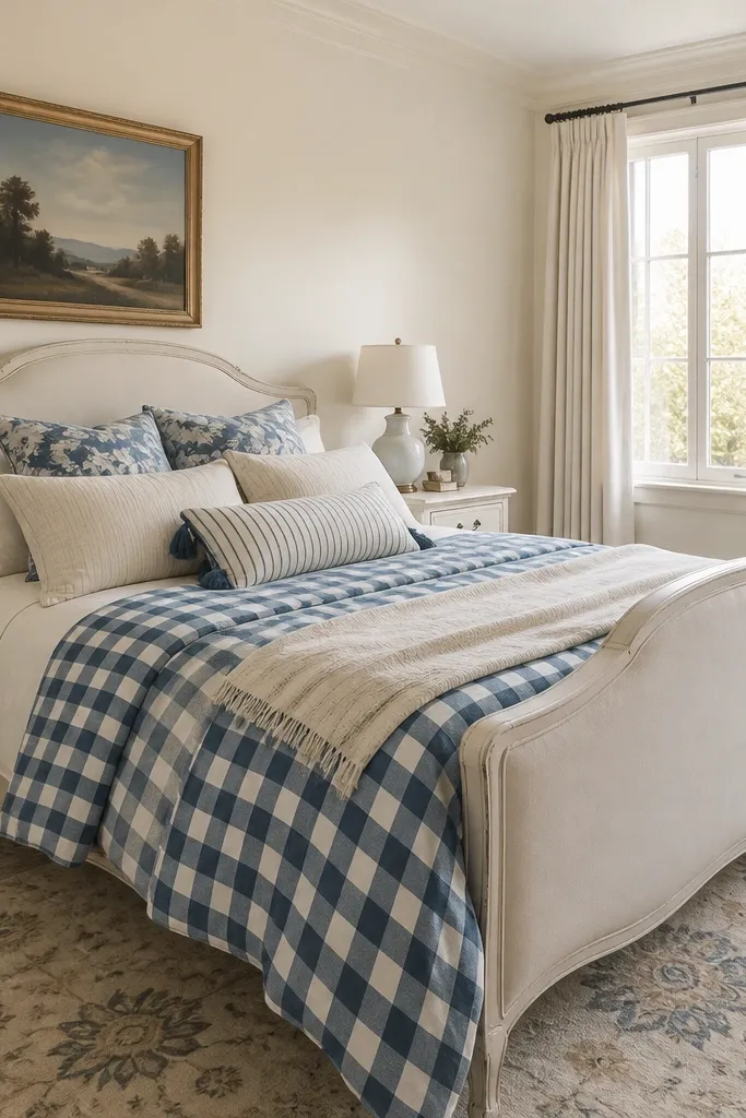 Light blue and cream bedroom with check bedding, white nightstands, and a soft patterned rug