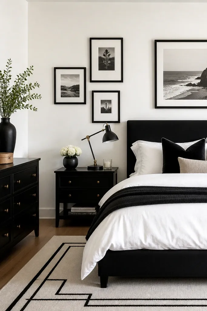 Monochrome bedroom with black bed frame, white bedding, black framed art, and a striped runner rug