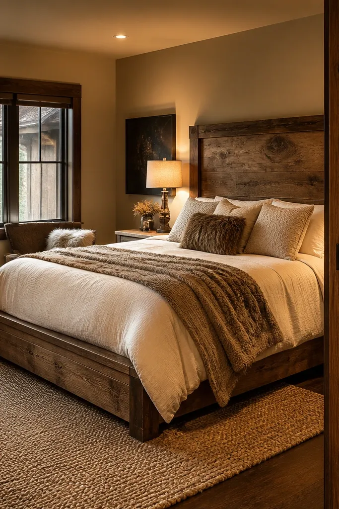 Taupe bedroom with wood headboard, warm lamps, textured bedding, and a braided-look rug