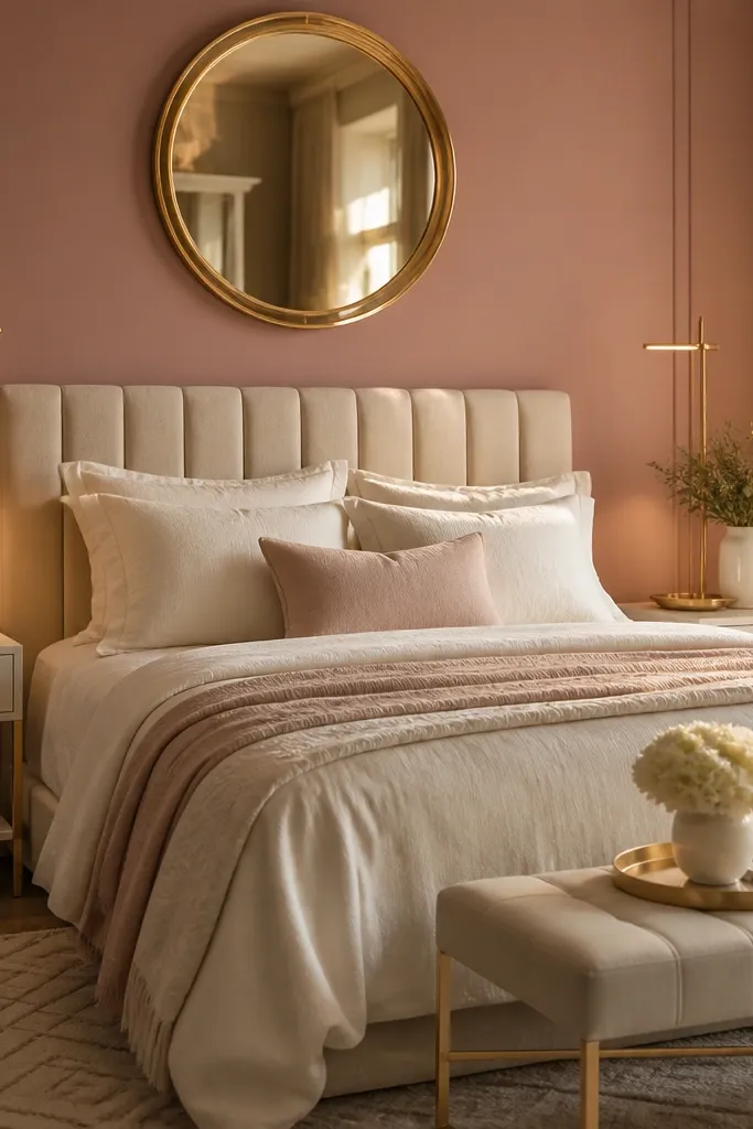 Blush pink bedroom with cream bedding, brass line lamps, and a glossy mirror