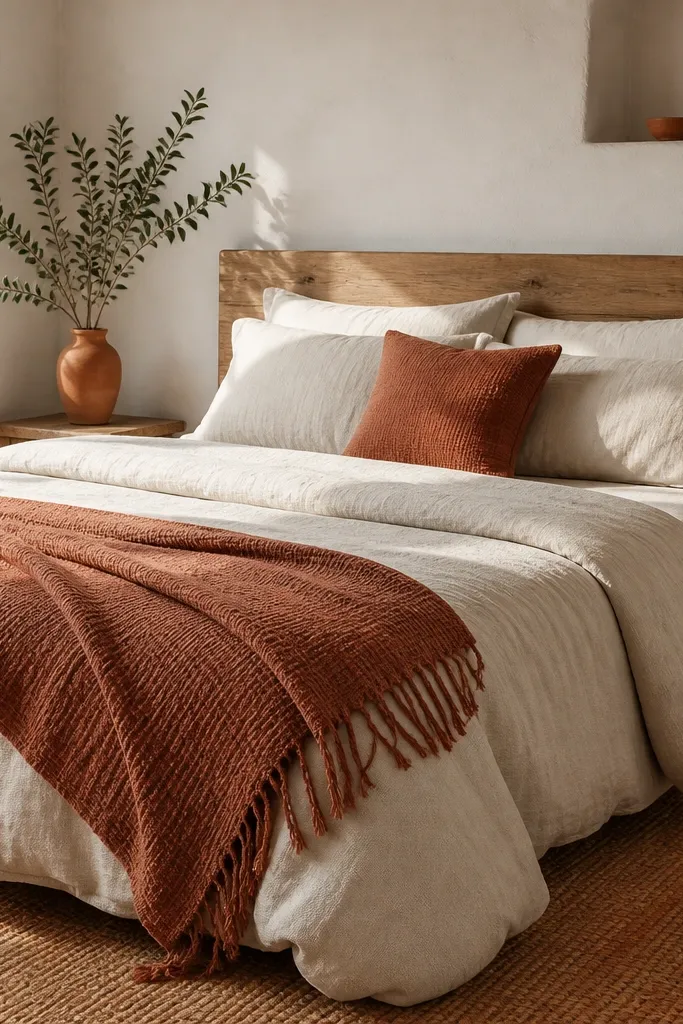 White bedroom with terracotta accents, textured linen bedding, and a tan rug