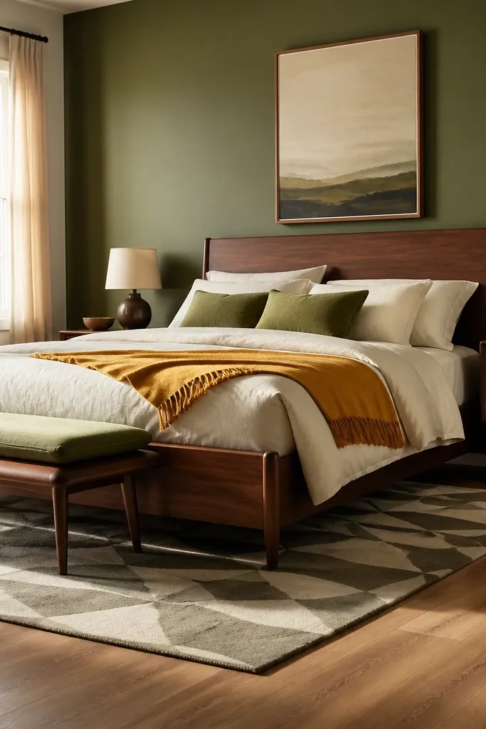 Olive accent bedroom with walnut bed details, mustard throw, and a patterned rug