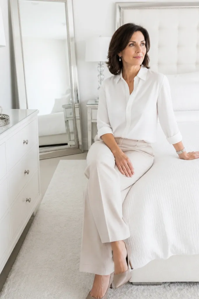 All-white bedroom with silver mirror, white bedding, and silver bedside lamps