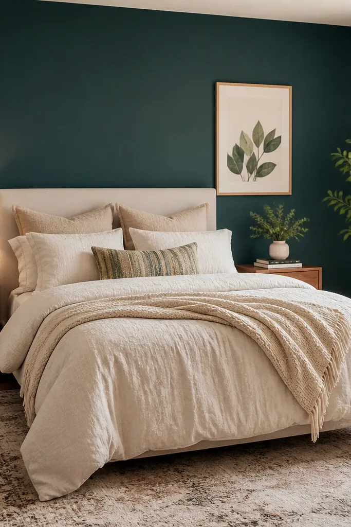 Deep teal accent wall, light linen bedding, warm wood nightstands, and a leafy art print