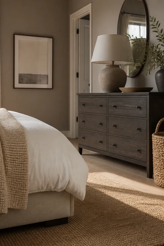 Warm gray bedroom with white bedding, woven baskets, light wood nightstands, and a simple runner rug