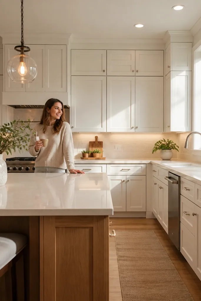 White shaker cabinets with warm wood island and matching wood accents