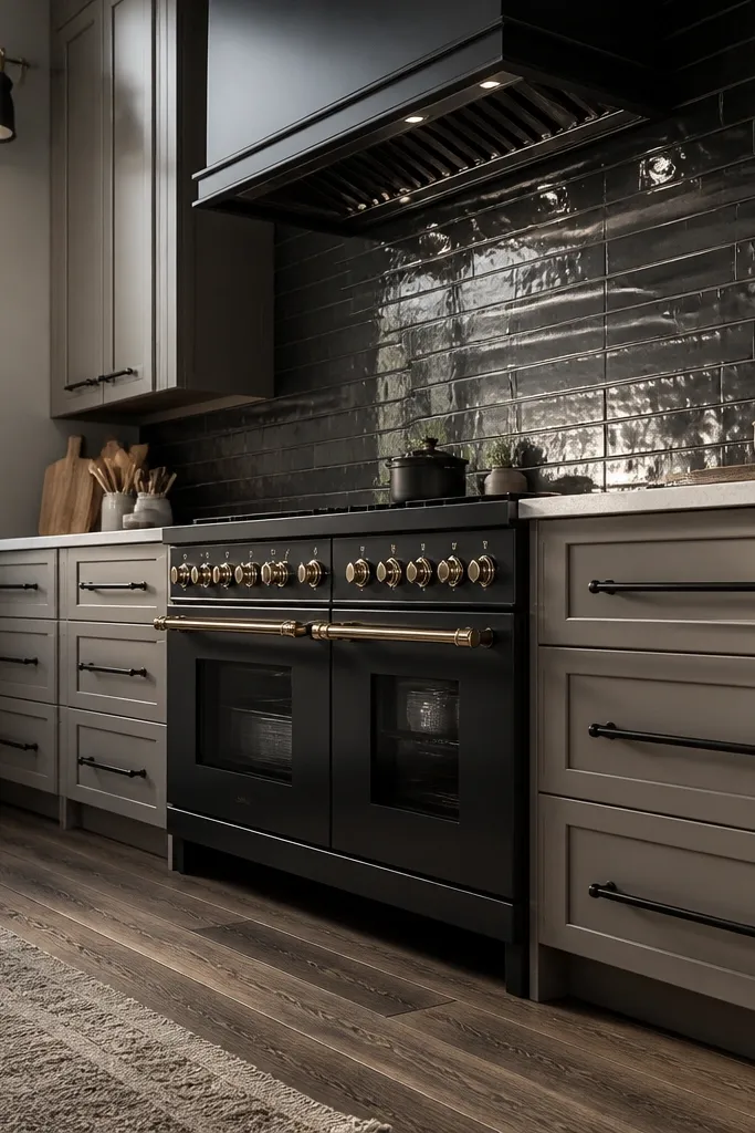Black range with shiny subway tile backsplash and dark cabinet accents