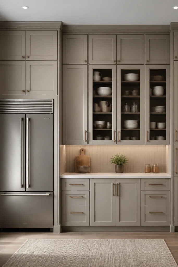 Floor-to-ceiling pantry with built-in fridge column and matching cabinet doors