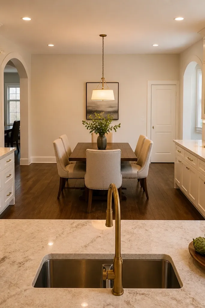 U-shaped kitchen with centered dining table and clear walkway space