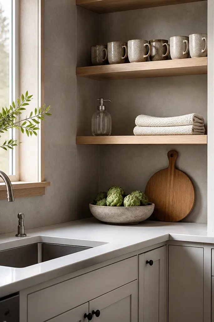 Corner sink under a window with open shelves above and neat dish display
