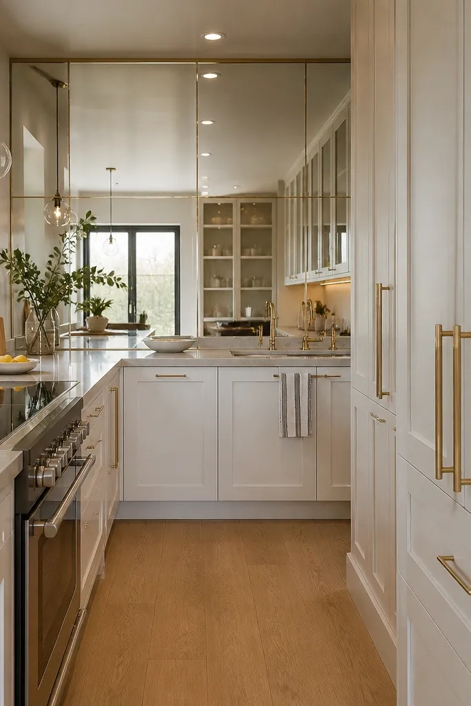 Narrow galley kitchen with mirrored backsplash panels and light cabinetry