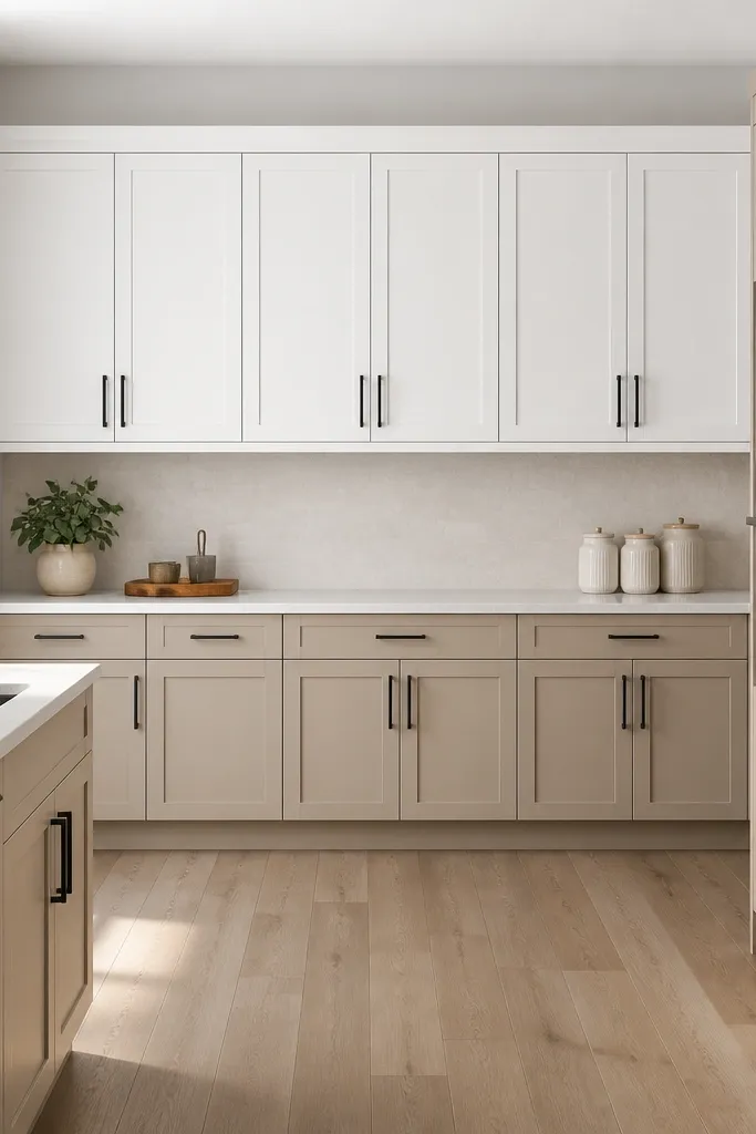 Cream lower cabinets with white upper cabinets and coordinated hardware