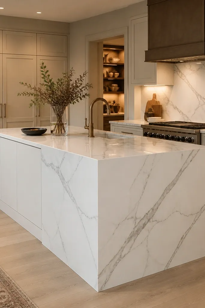 Marble-look waterfall island with clean edges and matching surrounding cabinets